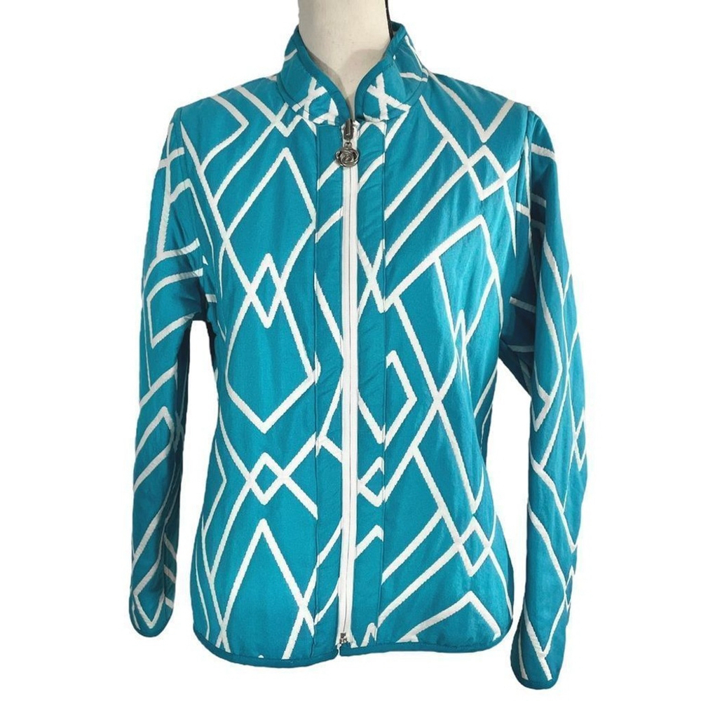 Winding River Blue White Geometric Abstract Reversible Zip Up Jacket Medium